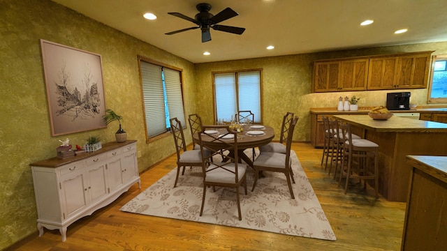 dining space with recessed lighting, ceiling fan, and wood finished floors