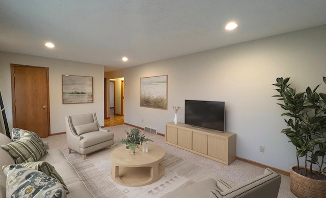 living area with baseboards, light colored carpet, visible vents, and recessed lighting