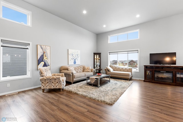 living room featuring dark wood-type flooring and a high ceiling