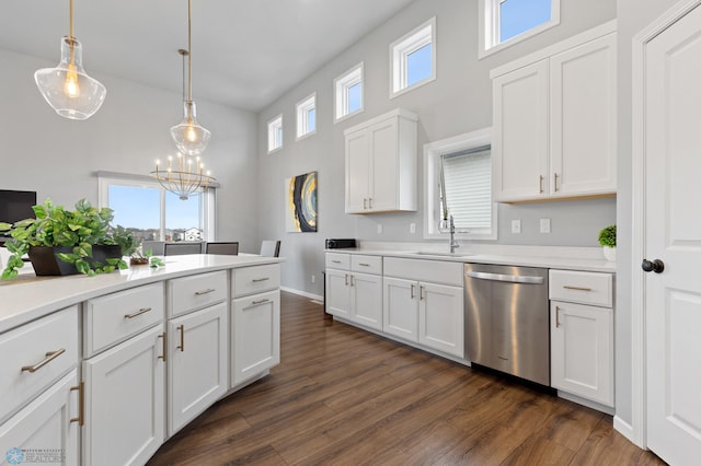 kitchen featuring a wealth of natural light, hanging light fixtures, white cabinets, and stainless steel dishwasher