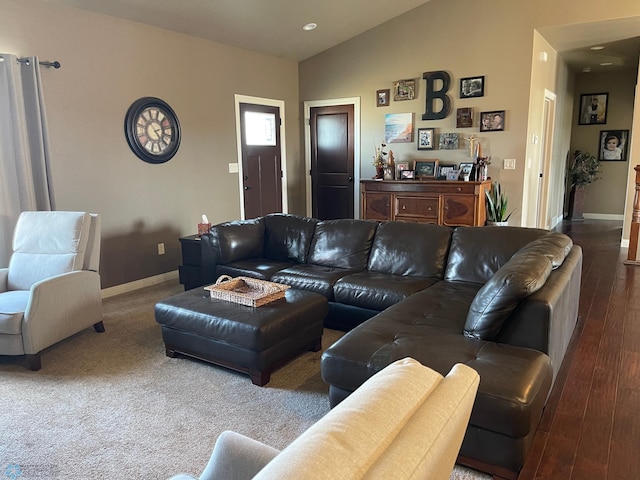 living room with wood-type flooring and lofted ceiling