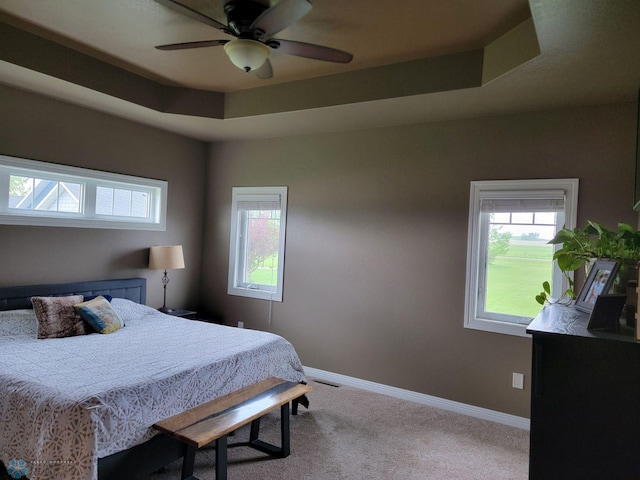 carpeted bedroom featuring a tray ceiling and ceiling fan