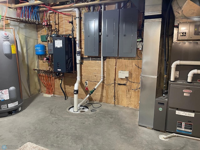 utility room with electric water heater, electric panel, and heating unit