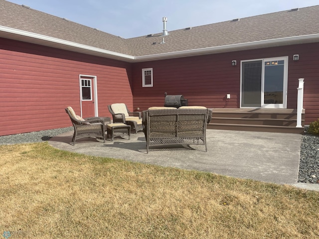 exterior space featuring a lawn, a patio area, and an outdoor hangout area