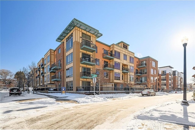 view of snow covered building