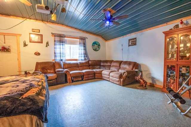 living room with lofted ceiling and ceiling fan