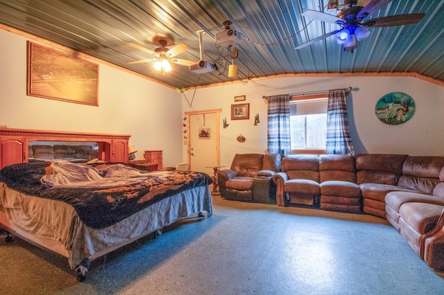 bedroom with lofted ceiling, wood ceiling, and ceiling fan