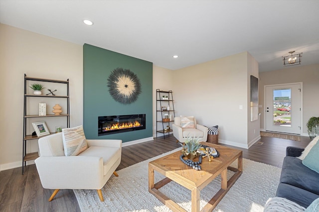 living room with dark hardwood / wood-style floors