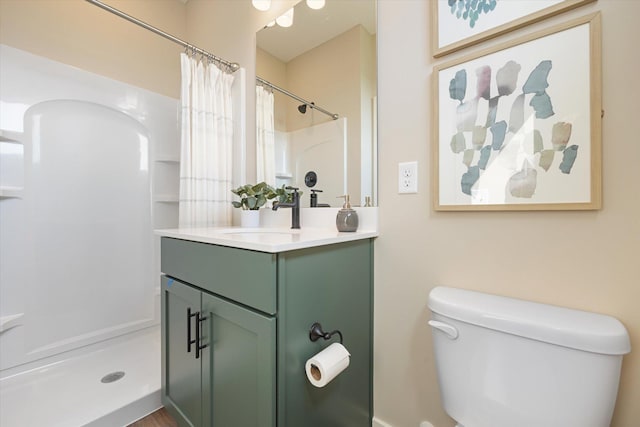 bathroom featuring vanity, toilet, and curtained shower