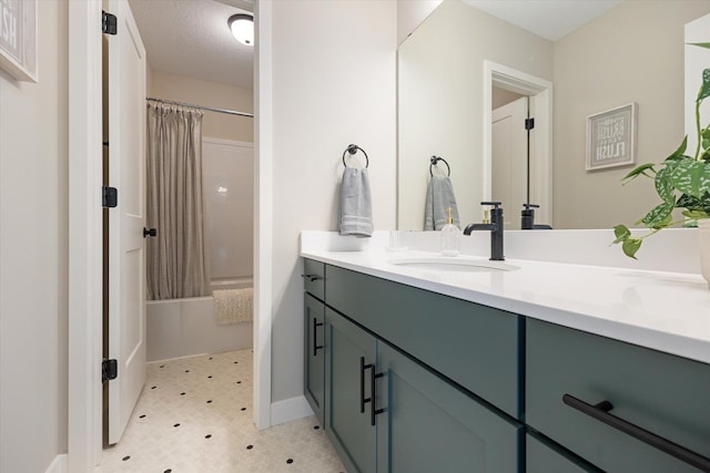 bathroom featuring vanity, tile patterned floors, shower / bathtub combination with curtain, and a textured ceiling