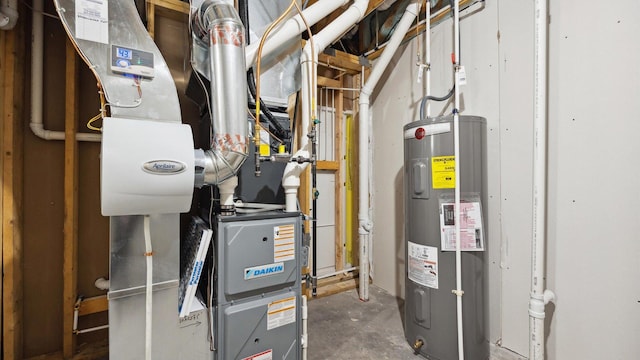 utility room featuring heating unit and water heater