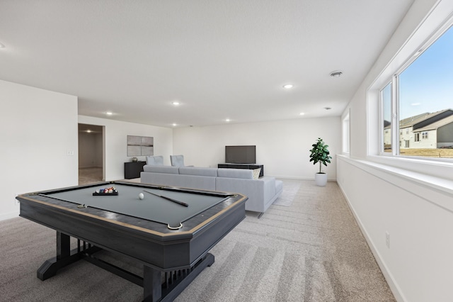 rec room featuring light colored carpet and billiards