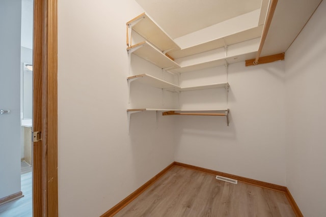 walk in closet with light hardwood / wood-style flooring