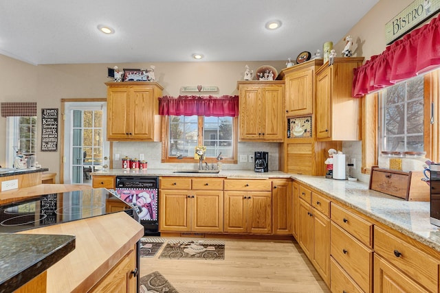 kitchen featuring light wood-type flooring, tasteful backsplash, light stone counters, sink, and black dishwasher