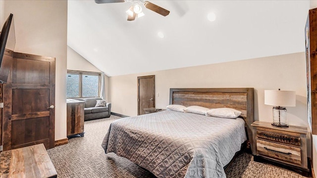 bedroom featuring a ceiling fan, lofted ceiling, and baseboards