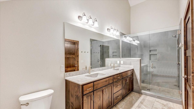 bathroom featuring toilet, a shower stall, and a sink