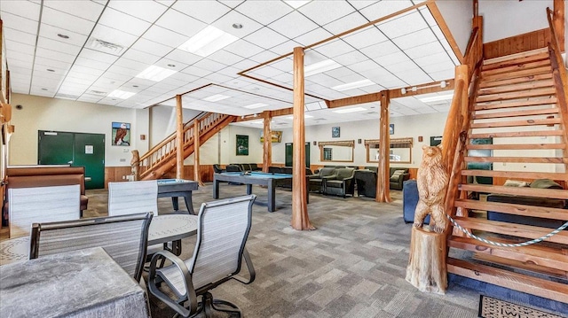 office area with pool table, carpet flooring, and visible vents