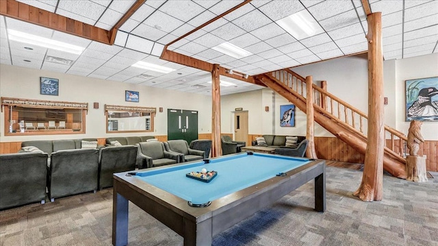 rec room with a paneled ceiling, pool table, visible vents, wainscoting, and carpet