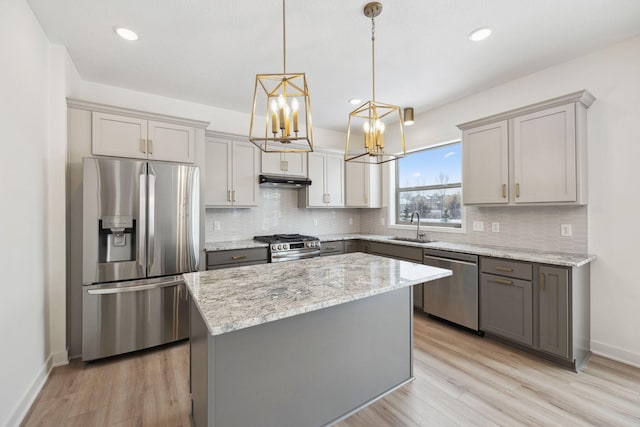 kitchen with tasteful backsplash, gray cabinets, appliances with stainless steel finishes, and a sink