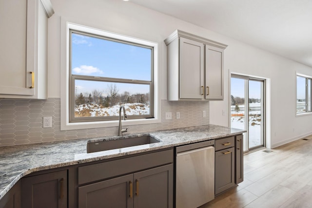 kitchen featuring tasteful backsplash, a sink, gray cabinets, and stainless steel dishwasher