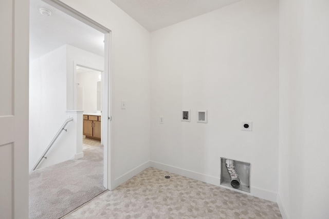 laundry room featuring baseboards, light carpet, laundry area, hookup for a washing machine, and hookup for an electric dryer