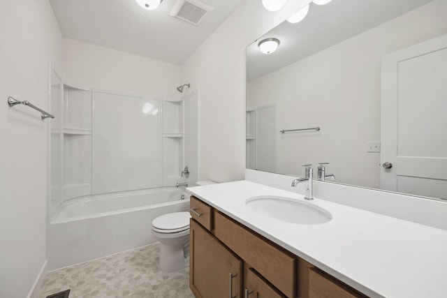 full bathroom with visible vents, toilet, tile patterned floors, vanity, and  shower combination