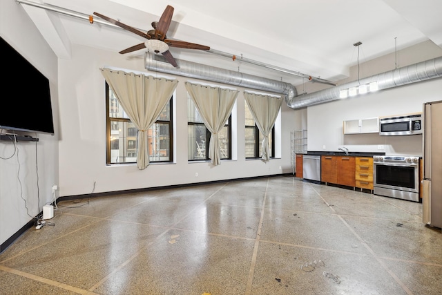 kitchen featuring white cabinetry, ceiling fan, stainless steel appliances, decorative light fixtures, and sink