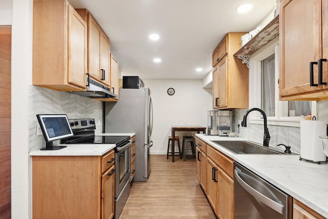 kitchen featuring light hardwood / wood-style floors, appliances with stainless steel finishes, sink, and backsplash