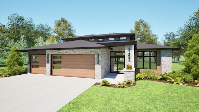 view of front of property with a garage and a front lawn