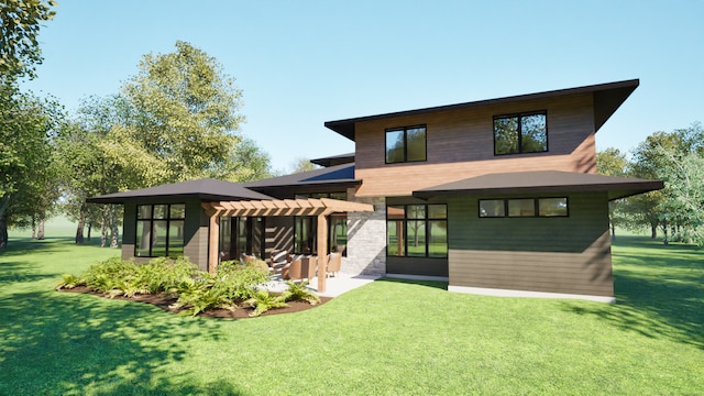 back of property featuring a lawn and a pergola