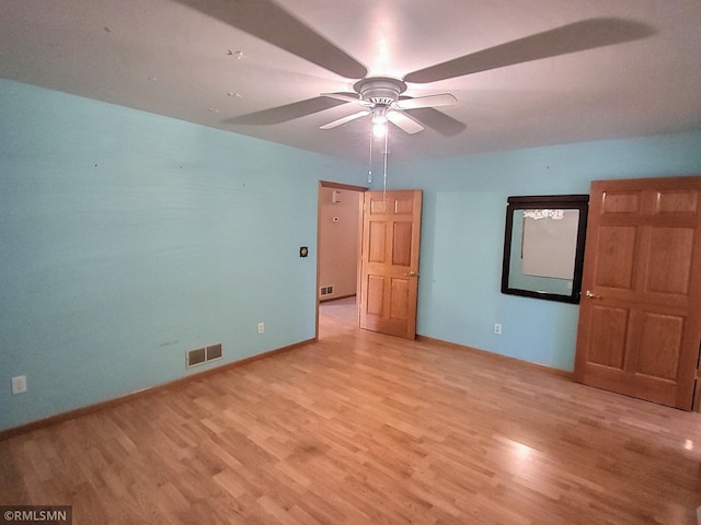 unfurnished bedroom featuring light hardwood / wood-style flooring and ceiling fan