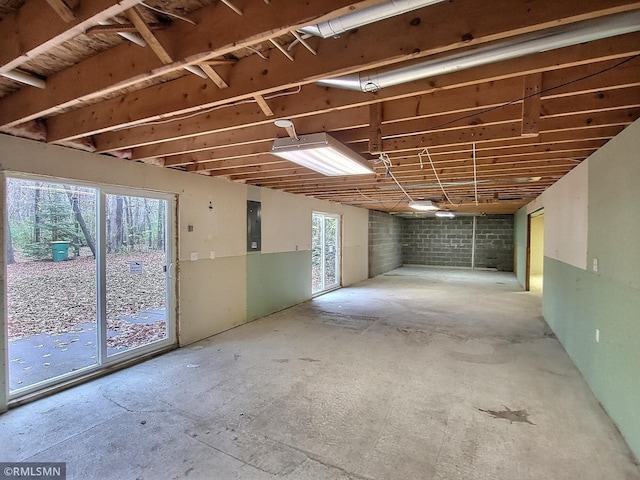 basement featuring electric panel and plenty of natural light