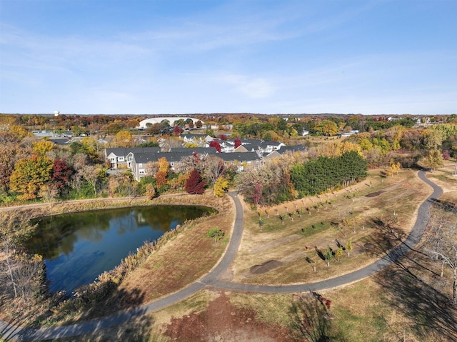 drone / aerial view with a water view