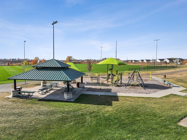 view of play area with a gazebo and a yard