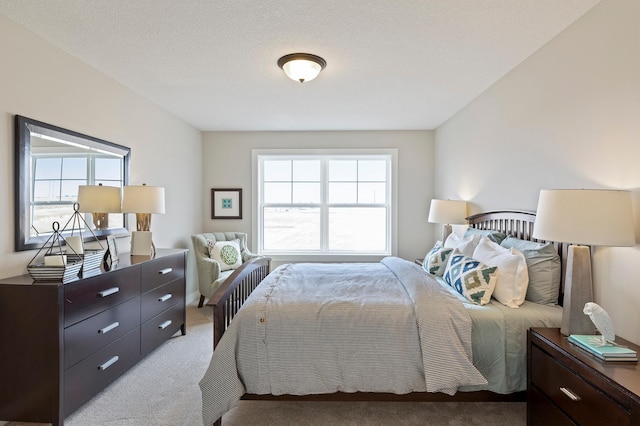 bedroom with light carpet, multiple windows, and a textured ceiling