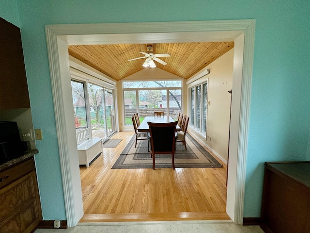 dining space with light hardwood / wood-style floors, wooden ceiling, vaulted ceiling, and ceiling fan