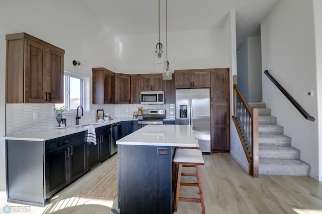 kitchen featuring backsplash, stainless steel appliances, a sink, and a kitchen breakfast bar