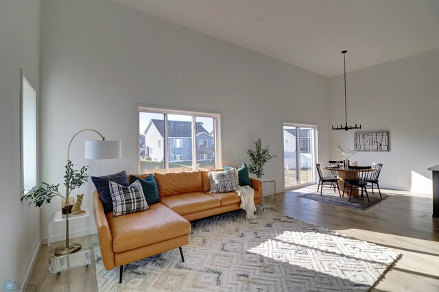 living area featuring a healthy amount of sunlight, a towering ceiling, baseboards, and wood finished floors