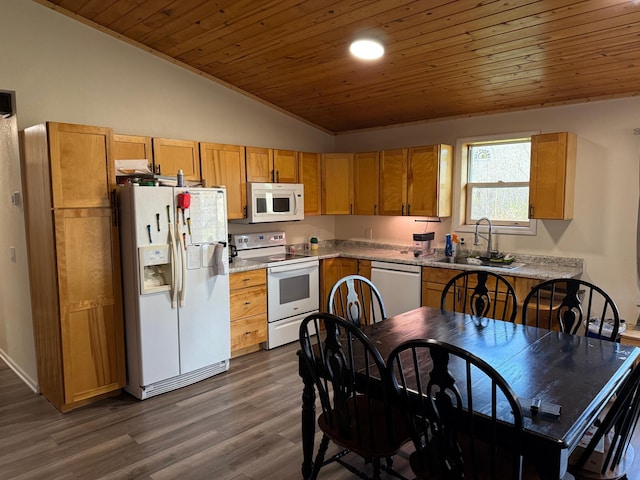 kitchen with wooden ceiling, sink, white appliances, dark hardwood / wood-style flooring, and vaulted ceiling