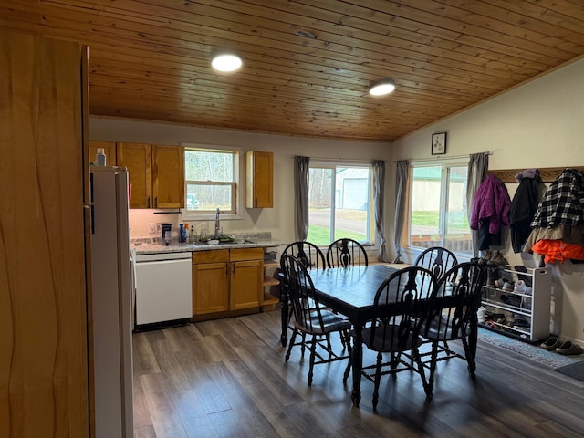 dining space featuring lofted ceiling, dark hardwood / wood-style floors, sink, and wood ceiling