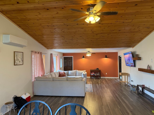 living room with dark wood-type flooring, ceiling fan, wood ceiling, and a wall mounted AC