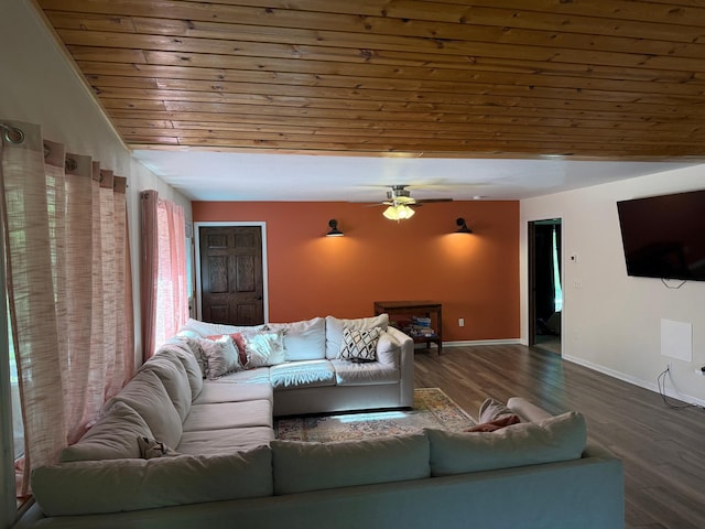 41574 Koland Rd, Sandstone Twp, MN 55072 - living room featuring wooden ceiling, a ceiling fan, wood finished floors, and baseboards