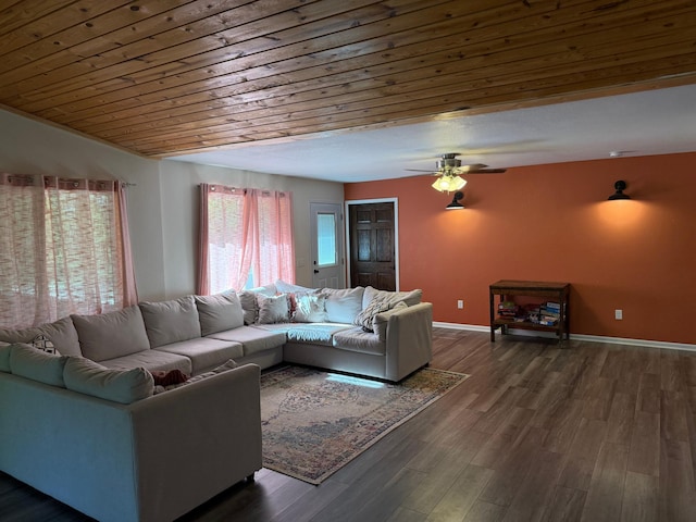 41574 Koland Rd, Sandstone Twp, MN 55072 - living area featuring wood ceiling, dark wood-style floors, ceiling fan, and baseboards