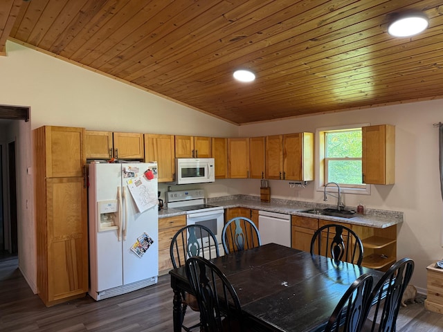 41574 Koland Rd, Sandstone Twp, MN 55072 - kitchen with white appliances, wood ceiling, a sink, vaulted ceiling, and dark wood-style floors