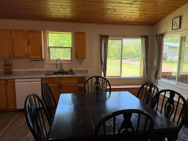 41574 Koland Rd, Sandstone Twp, MN 55072 - dining room with wood ceiling and dark wood finished floors