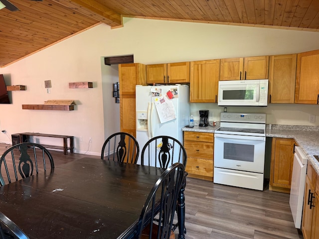 41574 Koland Rd, Sandstone Twp, MN 55072 - kitchen with white appliances, dark wood-type flooring, wood ceiling, and baseboards