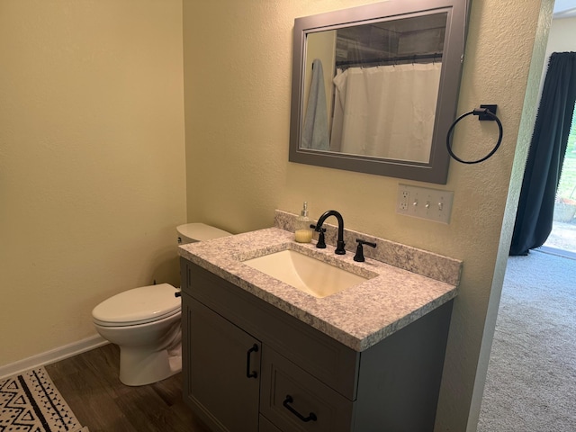 41574 Koland Rd, Sandstone Twp, MN 55072 - full bathroom with vanity, toilet, a textured wall, baseboards, and wood finished floors