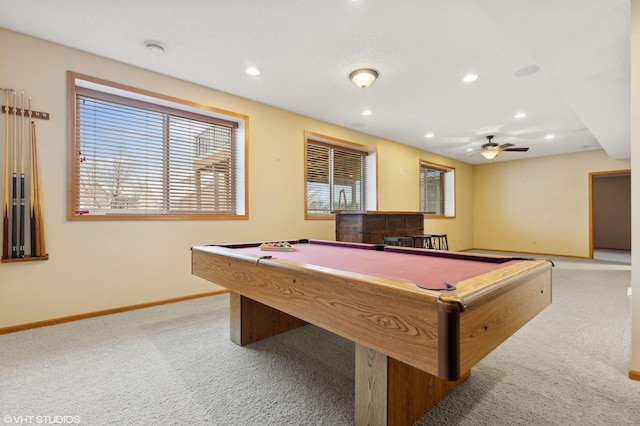 recreation room featuring ceiling fan, light carpet, and pool table