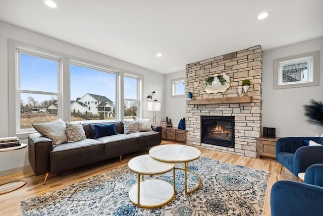 living room with a fireplace and hardwood / wood-style floors