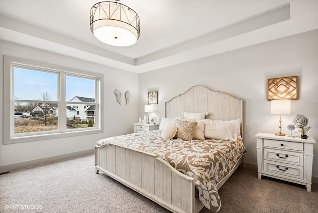 carpeted bedroom featuring a raised ceiling